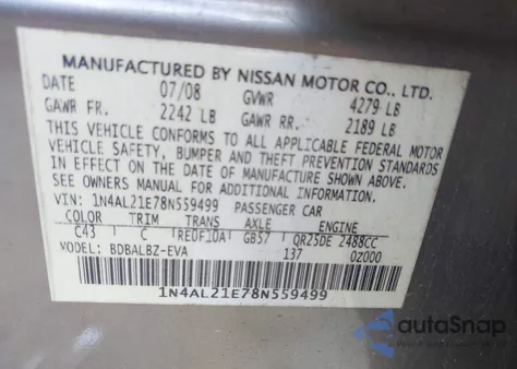 2008 Nissan Altima 2.5 S из США, поврежденный, VIN 1N4AL21E78N559499